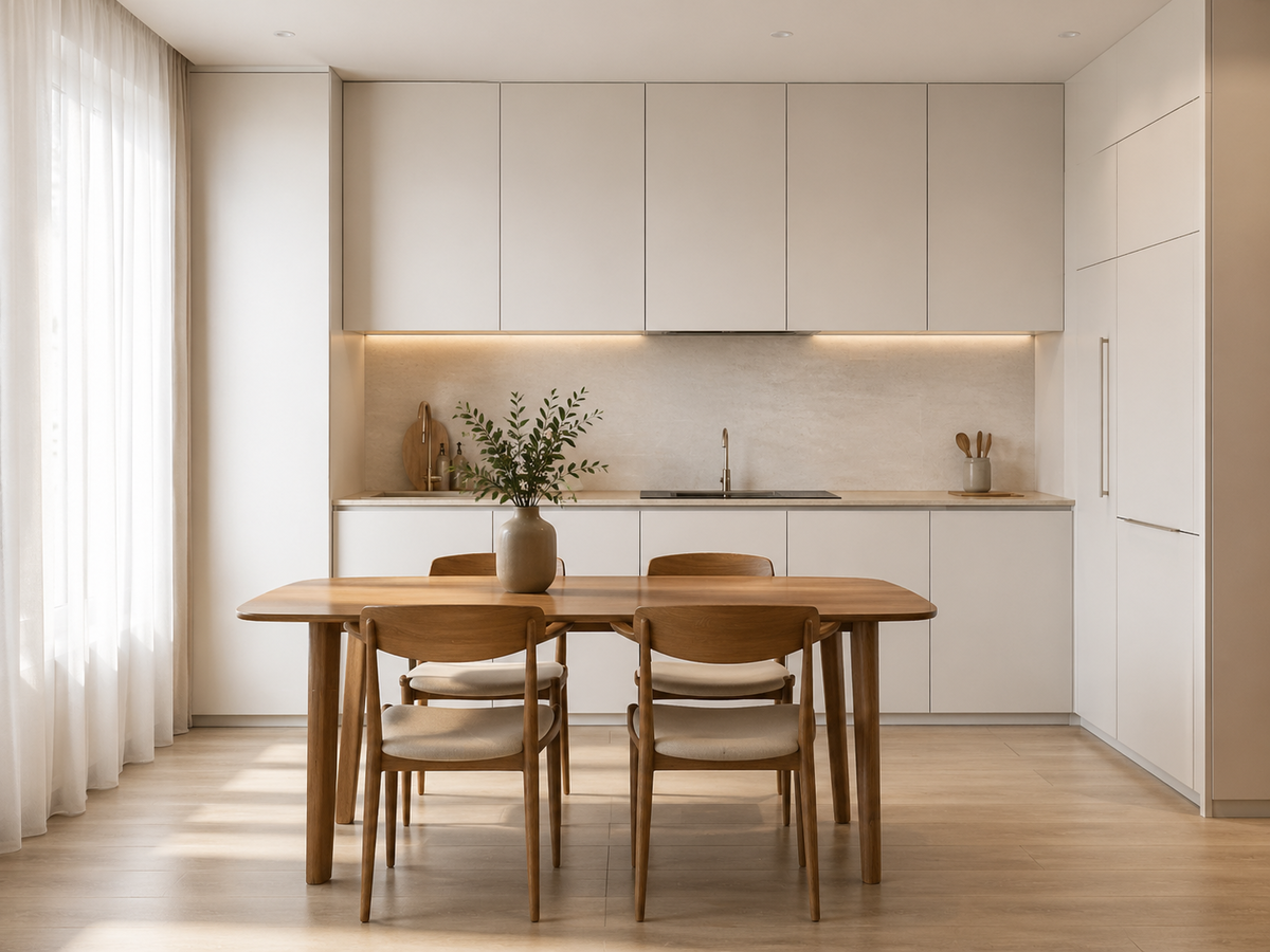 Светлая кухня с обеденной зоной