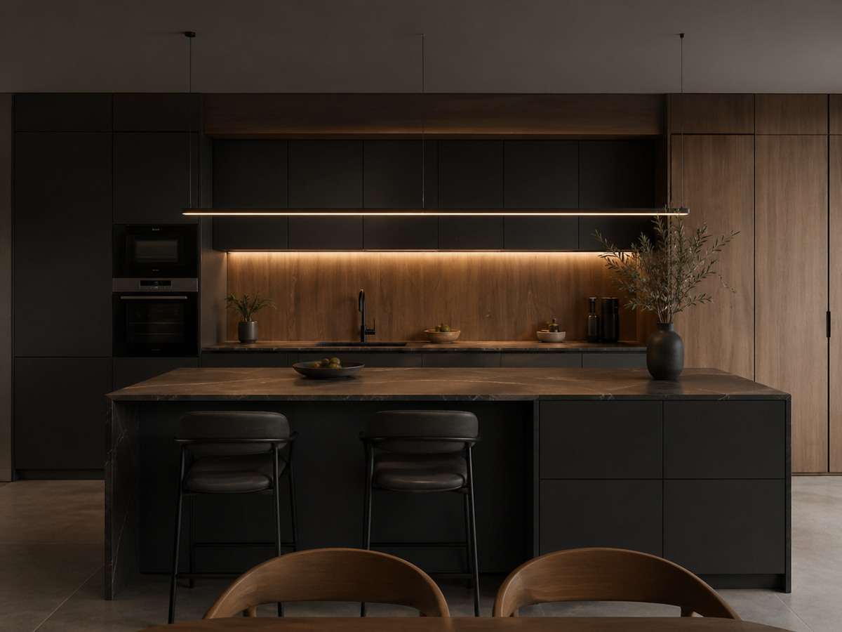 Линейная кухня в темных фасадах
